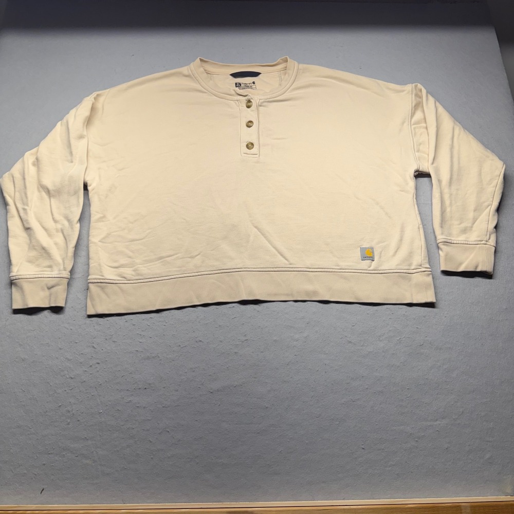 Carhartt Sweatshirt Womens XL Beige TS6182-W Loose Fit Henley French Terry Logo